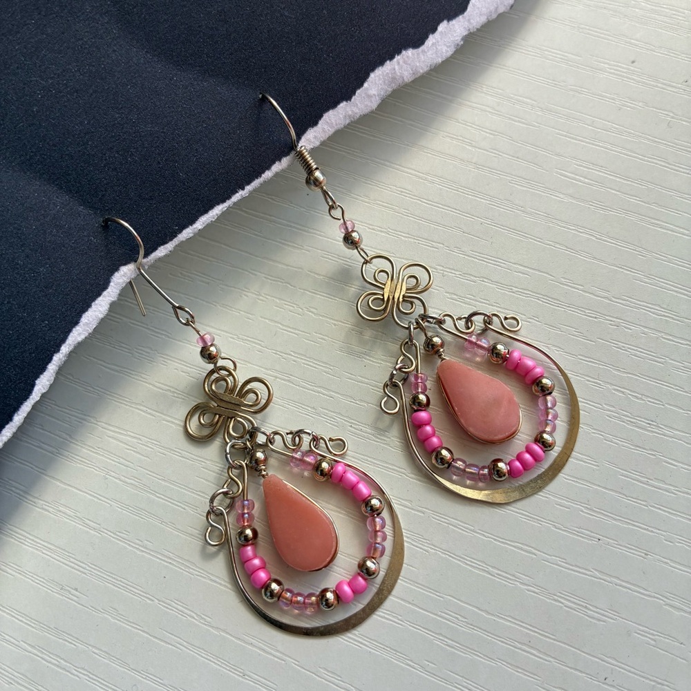Pink Stone and Silver stainless steel Teardrop Earrings